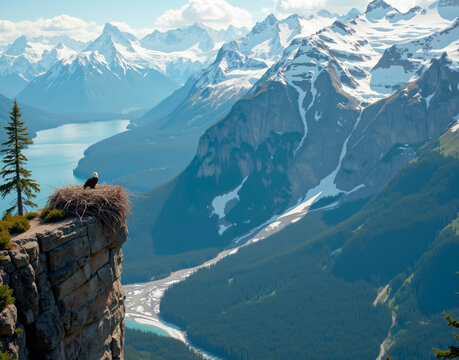 Alaskan eagle nest cliff. Aerial view from 400m with an 800mm telephoto lens captures an eagle nest, emphasizing ethical wildlife distance
