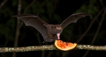 Fruit Bat Feeding on Fruit in Tropical Forest with Natural Nighttime Background