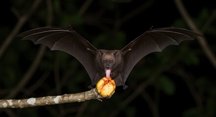 Fruit Bat Feeding on Fruit in Tropical Forest with Natural Nighttime Background