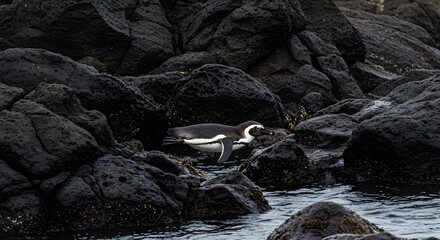 Galápagos Penguin Swimming Among Volcanic Rocks with Natural Coastal Background