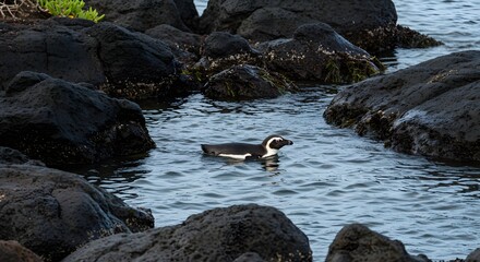 Galápagos Penguin Swimming Among Volcanic Rocks with Natural Coastal Background