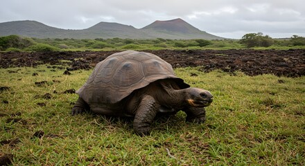 Galápagos Tortoise Grazing in Volcanic Grasslands with Natural Island Background