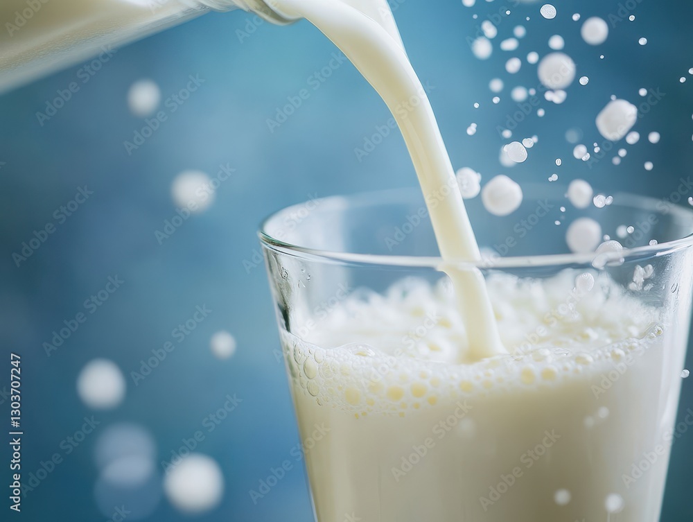 Poster fresh milk pouring into a clear glass with bubbles and splashes on a soft blue background creating a