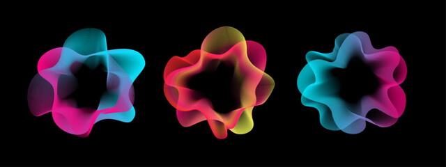 A set of multi -colored neon sound waves. Minimalistic sound lines, radial spectrum. A colorful cover for a musical poster and a banner. Radial spectrum vector.