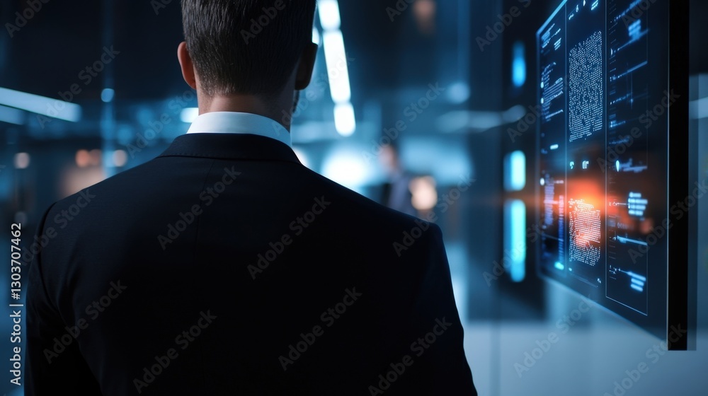 Poster businessman walking towards a futuristic screen displaying code and data analysis in a modern office