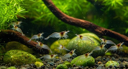 Ghost Shrimp Swimming in Freshwater with Natural Aquarium or Stream Background