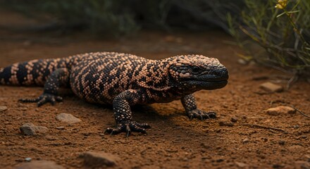 Gila Monster Basking in Arid Scrubland with Natural Desert Background