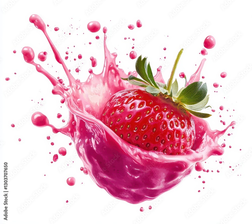 Poster fresh strawberry splashing in colorful juice creating dynamic and vibrant scene of fun and refreshme