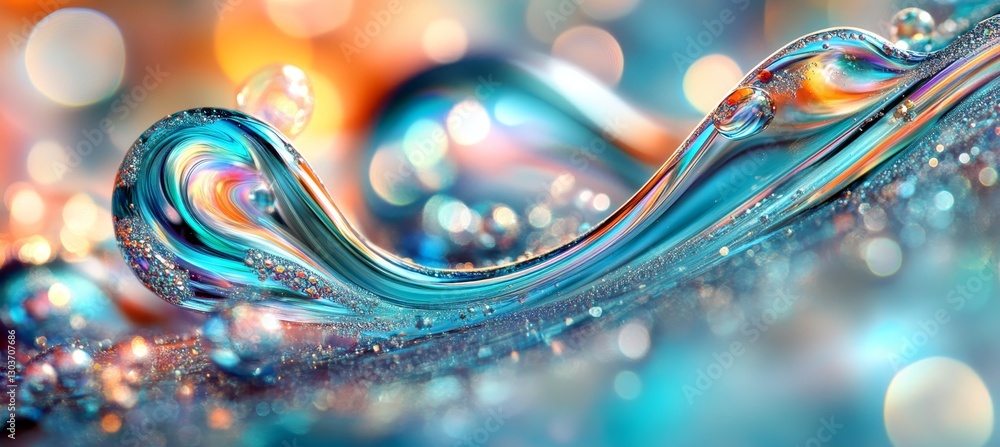 Poster abstract fluid shapes in vibrant teal and tangerine colors with bokeh effect background