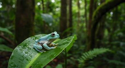 Glass Frog Perched on Leaf in Tropical Rainforest with Natural Background