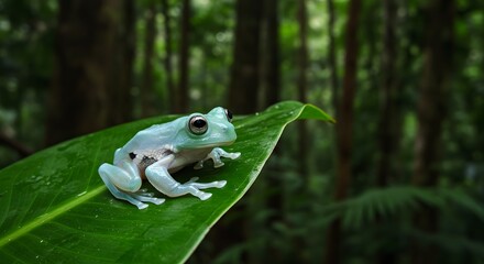 Glass Frog Perched on Leaf in Tropical Rainforest with Natural Background