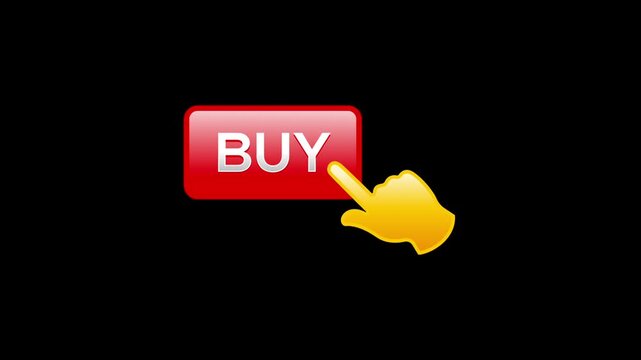 Animation of a red rectangle "BUY" sticker on a black background, transparency and alpha channel in flat style