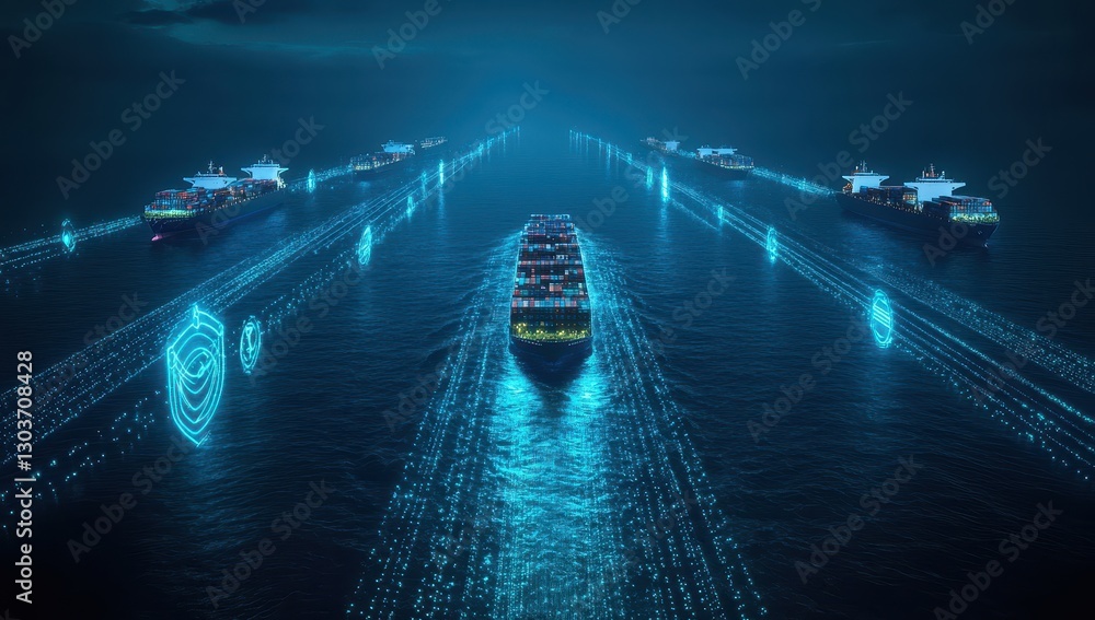 Poster futuristic scene of container ships with digital effects illuminating ocean waves at nighttime in a 
