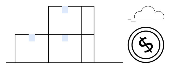 Stacked boxes suggest logistics with cloud signifying digital storage and dollar coin highlighting cost efficiency. Ideal for logistics, warehouse, economy, e-commerce, cloud storage, finance