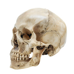 A highly detailed human skull with realistic cracks and aged texture, isolated on a white background