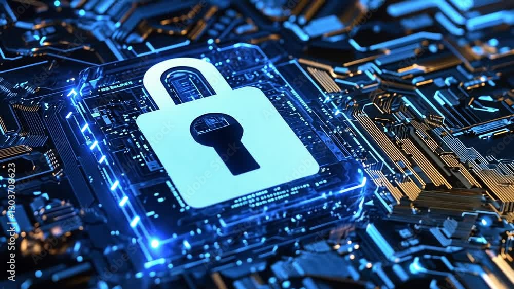 Poster cybersecurity: glowing padlock symbolizing digital data protection on circuit board