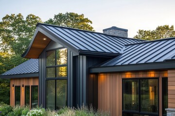 Modern home with dark metal roof and wood siding. Showcase contemporary architecture and roofing styles for design inspiration.