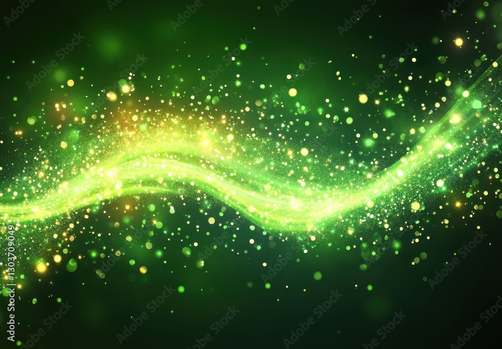 Poster glowing green particles in motion creating a dreamlike atmosphere with sparkling effects and light r