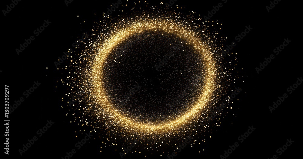 Poster golden glitter particles forming a circular shape on a black background, creating a magical and ench