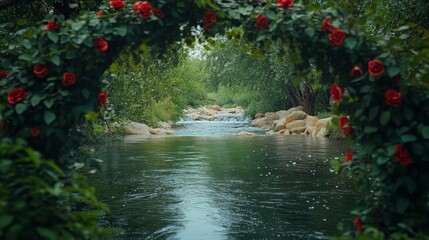 Naklejka premium A natural waterway framed by red roses and lush green foliage