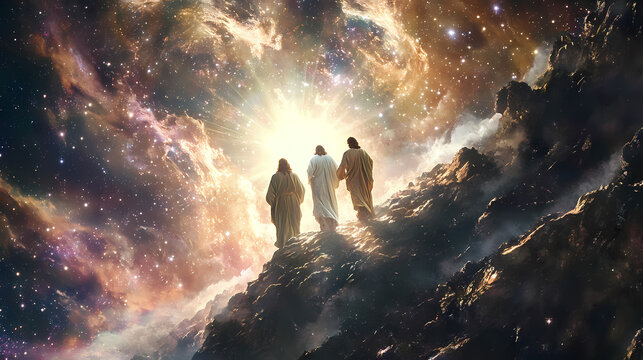 The transfiguration of jesus a radiant revelation to peter, james, and john on the mountain. Transcendence - Space. Illustration