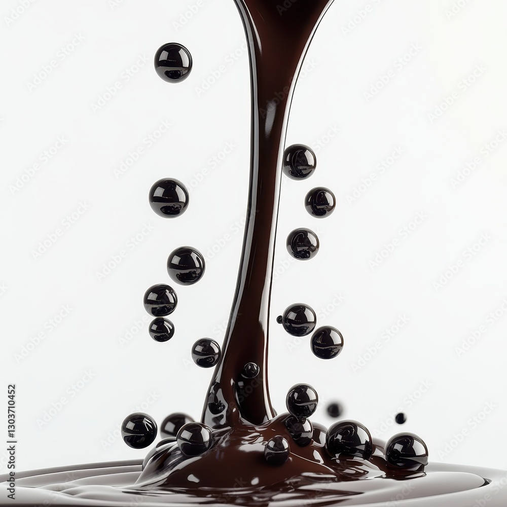 Poster liquid chocolate cascading in droplets, creating a rich and glossy surface with an artistic composit