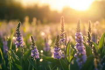 Obraz premium field of pickerelweed blossoming under morning sunlight