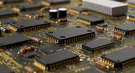 Close-up of Circuit Board with Microchip and Semiconductor Components in Electronic Manufacturing Setting