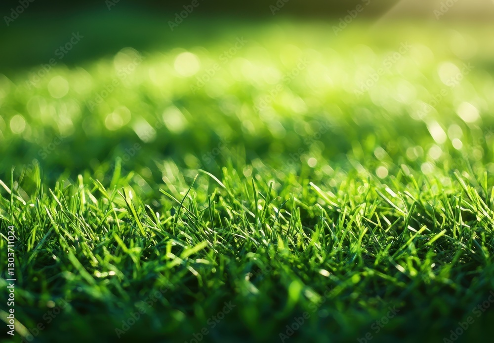 Poster lush green grass blades in a sunlit field with a soft bokeh effect creating a peaceful and tranquil 