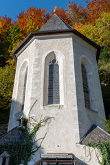 Naklejka premium Hallstatt – a picturesque village, a magical lake and the oldest salt mines in the world. It is located in the inner part of the Salzkammergut Mountains. It is a UNESCO World Heritage Site.