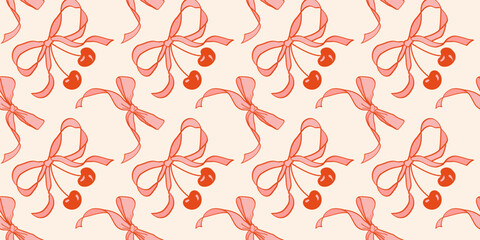 Pink vintage coquettish ribbon bows seamless pattern with cherries. Ideal for fabric prints, wrapping paper, stationery, wallpapers, digital backgrounds, fashion accessories, and branding projects.
