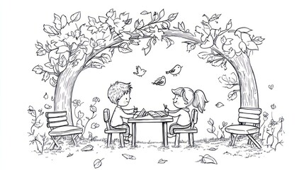 Obraz premium Children picnic under trees