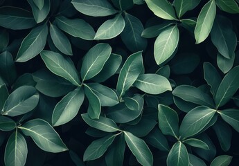 Fototapeta premium Lush Green Leaves Lying Flat on Dark Background, Capturing Nature's Beauty and Tranquility in a Peaceful and Serene Environment for Relaxation and Calm