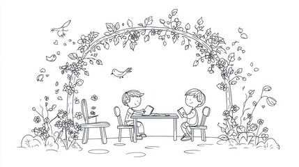 Children reading under floral archway