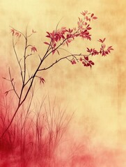 A serene autumn scene featuring a delicate branch with red leaves against a soft yellow background
