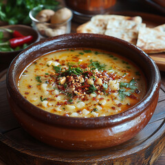 Traditional Bulgarian Shkembe Chorba &ndash; Spicy Tripe Soup in Clay Bowl