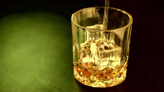 Glass of whiskey with ice on the table. Whiskey is poured from a bottle. Slow motion.