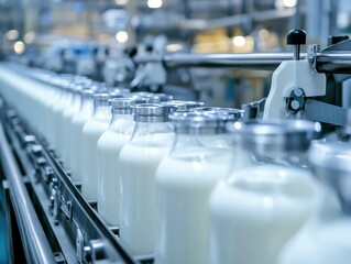 Obraz premium Milk Bottles on Production Line in Modern Dairy Processing Plant with Bright Lighting and Clean Environment