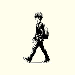 Fototapeta premium Anime Schoolboy Walking with a Backpack Classic Manga Student Character Illustration
