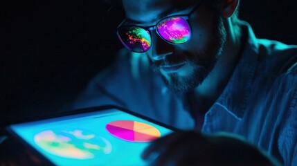 Businessman wearing sunglasses with augmented reality analyzing colorful pie charts and graphs reflected in his glasses, working late at night on a digital tablet in a dark office with blue light