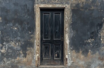 Old Vintage Black Door with Weathered Texture Against Cracked Wall Background, Displaying Rustic Charm and Timeless Appeal for Unique Home Decor
