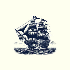Pirate Ship Sailing Through Rough Seas Classic Vintage Nautical Adventure Illustration