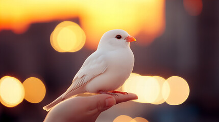 White bird perched on a hand against a vibrant sunset with city lights in the background