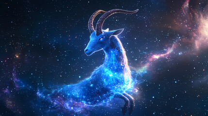 A celestial goat, a depiction of the zodiac sign capricorn, formed from twinkling stars and a flowing cosmic nebula. Transcendence - Space. Illustration