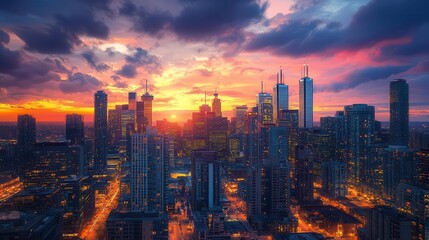 Obraz premium Cityscape at dusk, lights glowing in the buildings, urban skyline