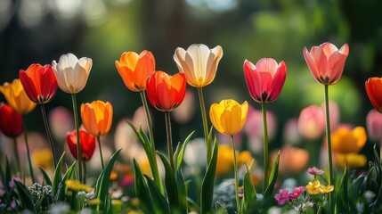 Fototapeta premium Close-up of colorful flowers blooming in a spring garden