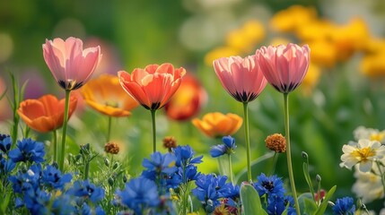 Close-up of colorful flowers blooming in a spring garden