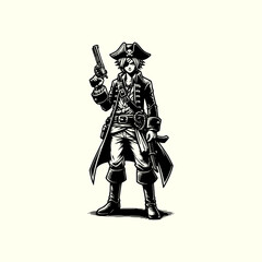 Fototapeta premium Mysterious Gunslinger Pirate Walking with Pistols Stylish and Fierce Western Outlaw
