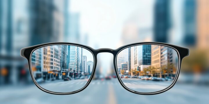 City street viewed through glasses, showing a contrast between blurry vision and clear eyesight with corrective lenses