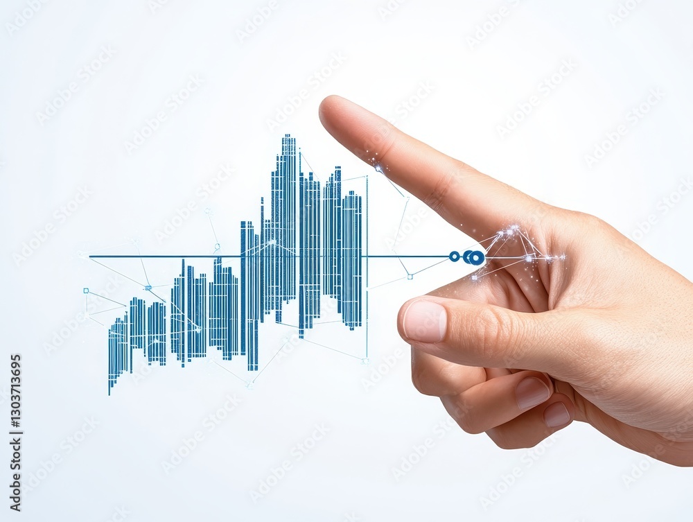 Poster hand pointing at a digital graph illustrating data trends and analytics